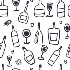 Vector pattern with wine bottles and glasses, hand-drawn in doodle style