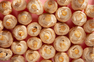 Raw champignons for cooking. Abstract structure of mushrooms on a pink background