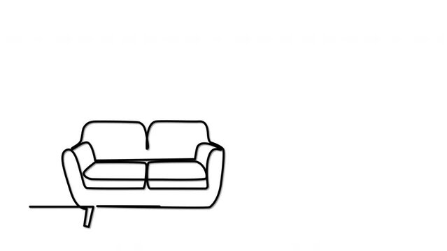 Interior, sofa, couch and floor lamp outline self drawing animation. Line art. Black background. 