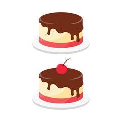 Strawberry and vanilla flavored pudding cake illustration design and chocolate topping