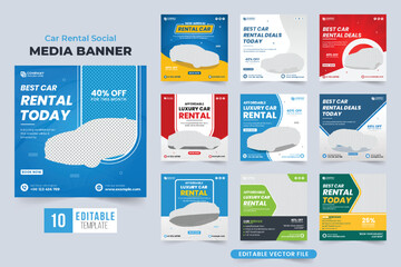 Modern car rental business social media post collection for online marketing. Automobile rental service template bundle with blue and red colors. Vehicle and rent a car business promotional poster set