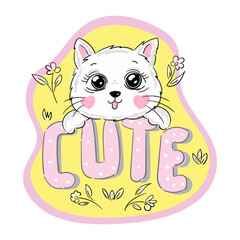 Cute Cartoon white Kitten with slogan text pink Cute on yellow sticker