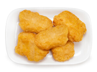 Nugget Fried chicken isolated on white dish With clipping path, Fried chicken on white background.