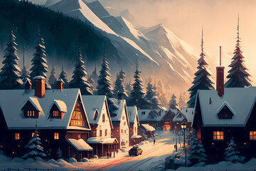  village hidden behind the mountains surrounded by Christmas trees and snow. Generative AI