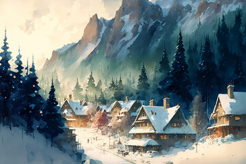  village hidden behind the mountains surrounded by Christmas trees and snow. Generative AI