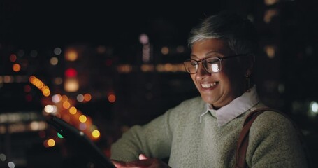 Phone, night and senior woman in city with smile on face for social media, reading text message and online chat. Communication, social network and female typing, texting and on internet on smartphone