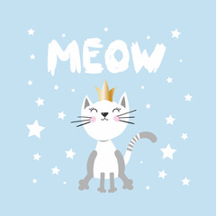Cute princess cat with a glitter crown and inscription Meow on blue background
