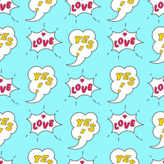 Seamless pattern with Wow and Cool Bubble speech on blue background
