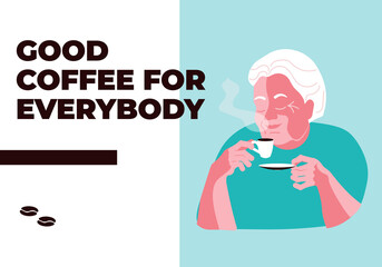 Elderly woman enjoy the smell and taste of coffee.