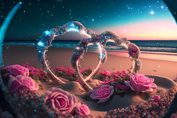 stars float on the beach,Light blue rose heart shaped Milky Way stars float on the beach. Generative AI