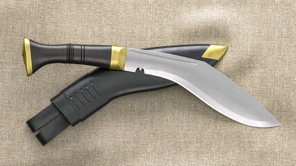 Classic Kukri knife with a leather sheath. 3D rendering - obrazy, fototapety, plakaty
