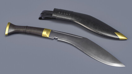 Classic Kukri knife with a leather sheath. 3D rendering