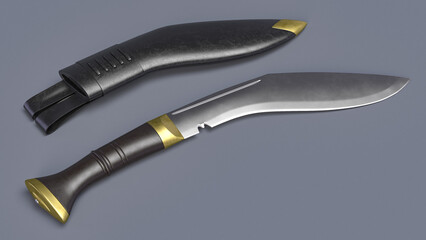 Classic Kukri knife with a leather sheath. 3D rendering