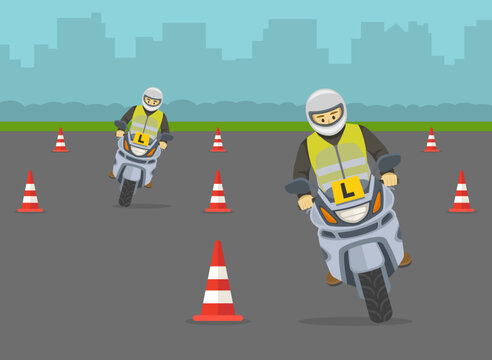 Motorcycle driving practice. Learner motorcyclists practising to turn. Front view of a learner bikers on test road with red cones. Flat vector illustration template.