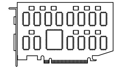 Silhouette of computer board for pc with chipsets isolated on white background. Clipart.