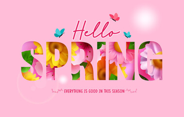 Spring text vector background design. Hello spring typography with flower decoration elements in pink background for season invitation card. Vector Illustration.