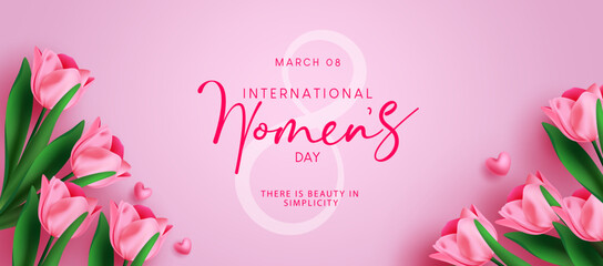 Women's day international vector design. Happy women's day text march 8 celebration with blooming tulip flowers in pink background. Vector Illustration.