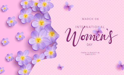 Happy women's day vector design. Women's day international march 8 text with woman side face silhouette and fresh blooming purple crocus flower background. Vector Illustration.