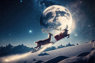 Flying reindeer and Santa sleigh with Christmas gifts, full moon background, starry sky, mountains. Generative AI