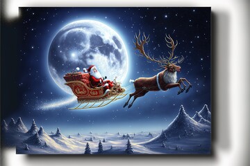 Flying reindeer and Santa sleigh with Christmas gifts, full moon background, starry sky, mountains. Generative AI