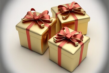 Gold gift boxes with red ribbon on white. This file contains. Generative AI