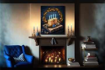 Hanukkah decorations and gifts around a fireplace. Generative AI