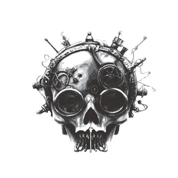 Steampunk skull. Doodle sketch. Vector illustration. Isolated on white background.