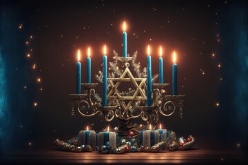 Hanukkah menorah decorated with bells and stars of David with candles burning aside Christmas tree. Concept of two holidays happening together this year. Generative AI
