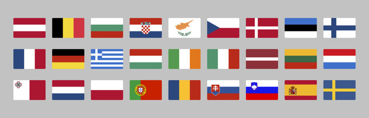 Collection of European Union country flags vector isolated. Finland, Greece, Belgium and another countires in Europe. Set of icons, national symbols. Germany, Sweden and Poland flags.