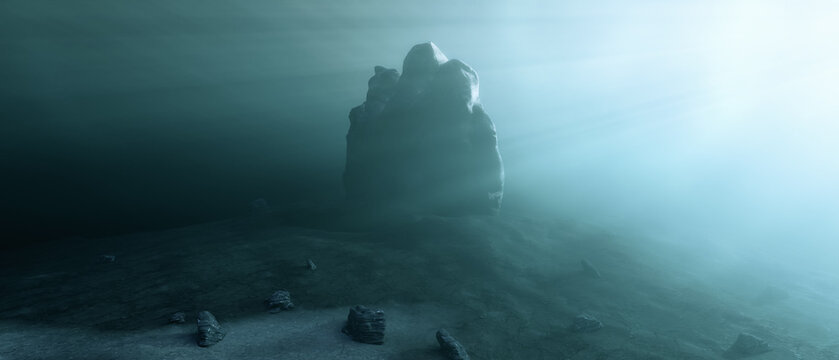 Rugged Landscape Terrain Underwater Dark Scene. Lake or Ocean Water. 3d Rendering Art Background. Sunny Sunrays.