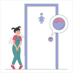 Little girl standing at the closed toilet door vector isolated. Child wants to pee. Occupied restroom. Kid with a full bladder.