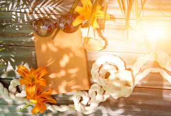 Summer sea style mock up with brown notebook cover and sunglasses