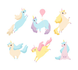 Cute Unicorn Character with Pointed Spiraling Horn and Colorful Mane Vector Set