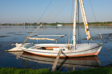 Fototapeta na wymiar Traditional egyptian felluca boats moored on Nile bank