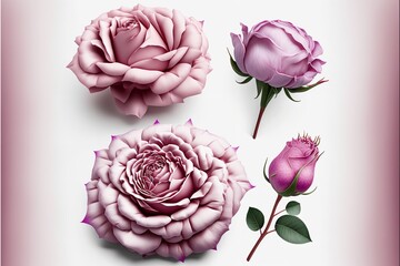 Pink Rose flowers and Rose flowers are set isolated on a white background. Rose on a white background.