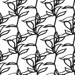 Black Ink Seamless Pattern. Plant Abstract Print. Nature Minimalistic Printable Art. Leaf Trandy Wallpaper. Hand Made Brush Painting. Seamless Vector Pattern. Black White Background. 

