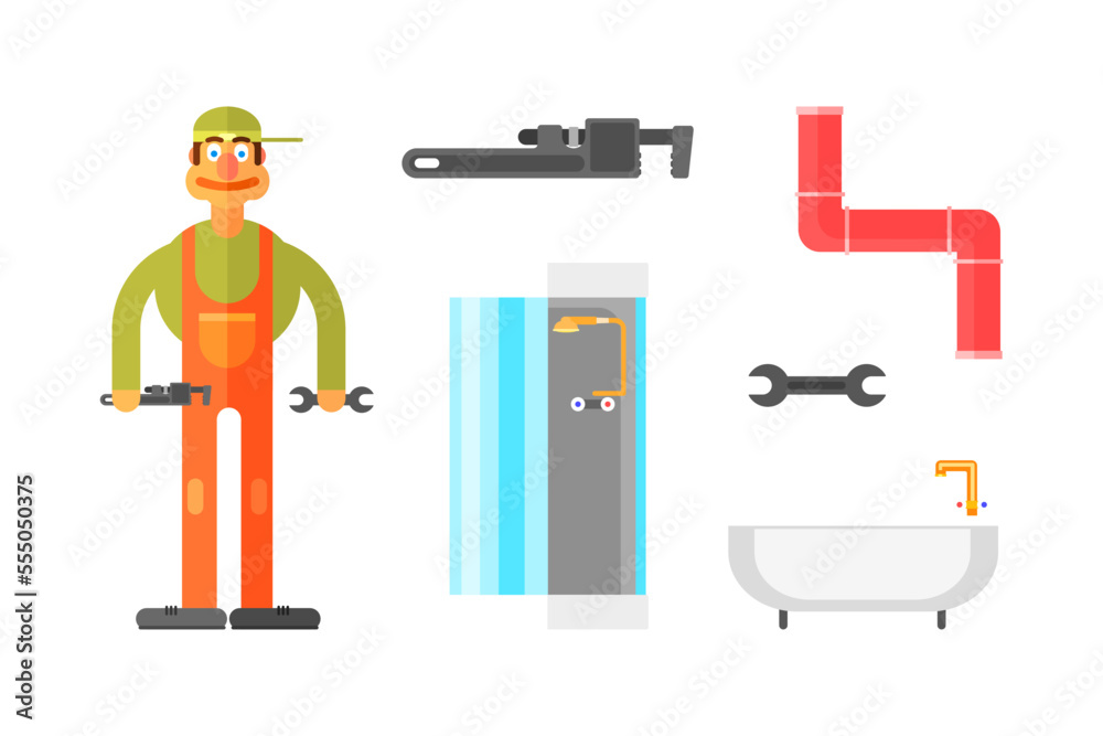 Wall mural man plumber in orange overall with wrench, pipe and sanitary ware vector set