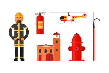 Firefighter Man in Uniform with Tools and Equipment Vector Set