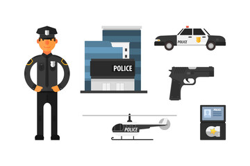 Police Officer with Professional Equipments Like Pistol, Identity Card, Car and Department Building Vector Set