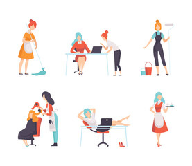 Work and Career with Woman Working and Performing Different Activity Vector Set