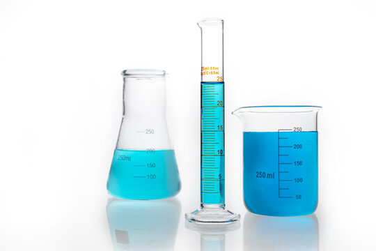 Colorful chemicals in laboratory glassware