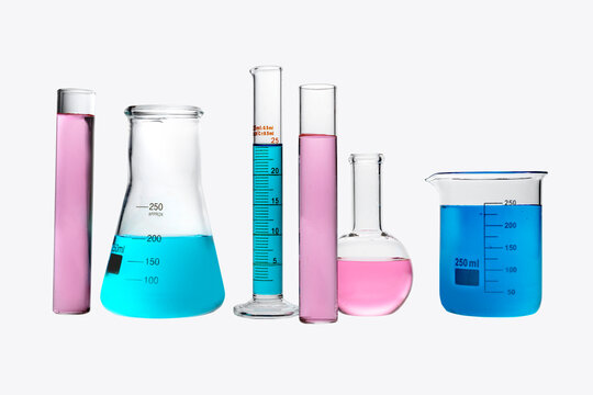 Colorful chemicals in laboratory glassware