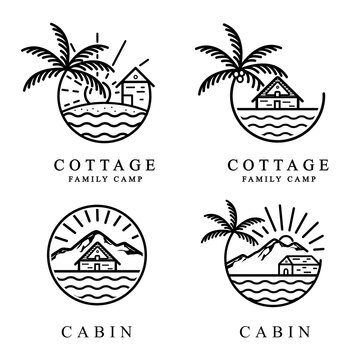 Set Bundle Cabin Cottage with palm tree Logo Vector Illustration Design Line Art Style