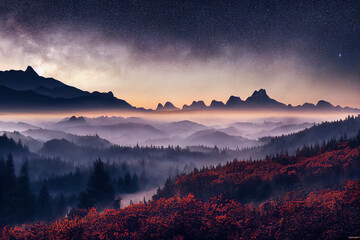 fantastic wonderland landscape Milky Way above mountains in fog at night in autumn