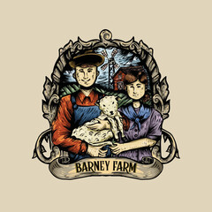 Two Farmer holding sheep with vintage style logo