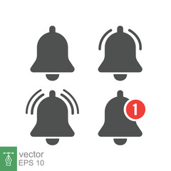 Message bell icon set. Simple flat style. Alert ringing, notice, notification, doorbell symbol for social media, subscriber alarm concept. Vector illustration isolated on white background. EPS 10.