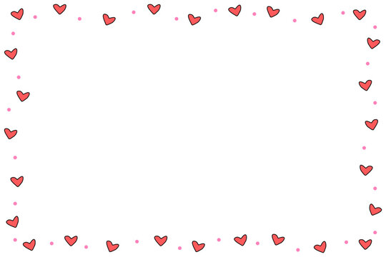 Vector - Hand drawing. Red line border with many hearts on white background. Cute frame. Can be use for card, web, label, banner or brochure. Copy space. Valentine's, Wedding day.
