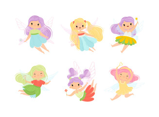Naklejka premium Cute Little Pixie Girl with Ethereal Wings Flying with Magic Wand Vector Set
