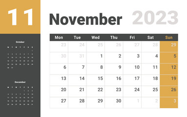 Monthly Calendar Template of november 2023. Vector layout simple calendar with week start monday.