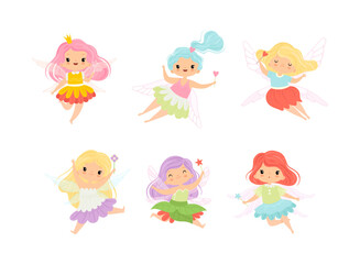 Cute Little Pixie Girl with Ethereal Wings Flying with Magic Wand Vector Set